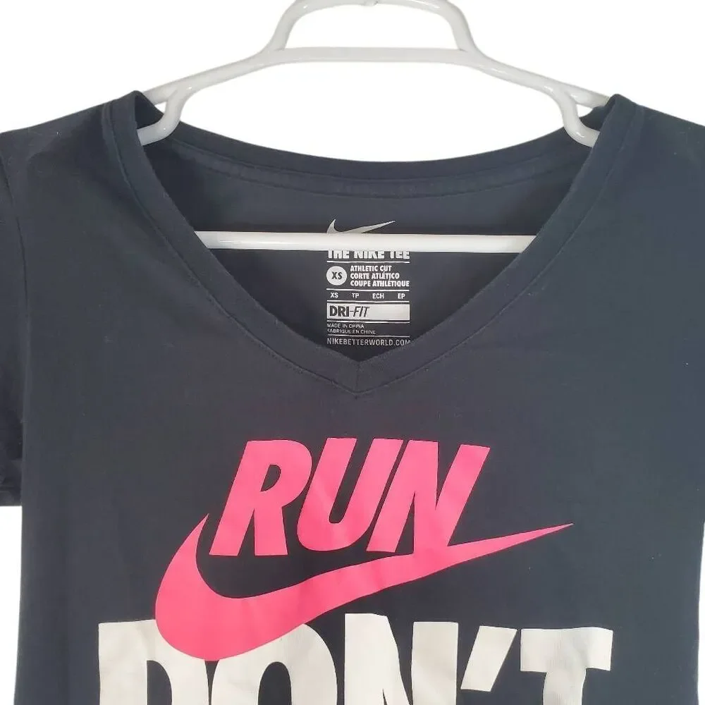 Nike Dri-Fit V-neck Run Dont Hide Short Sleeve Athletic Cut Graphic Tee Black XS